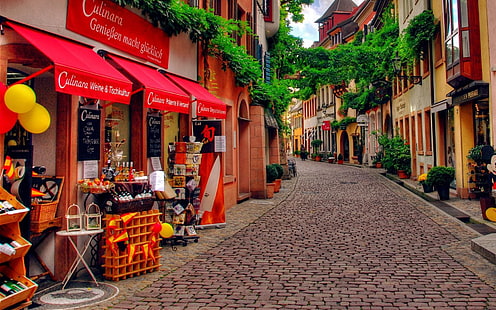 rak kubus kayu coklat, jalan, Jerman, gang, toko, trotoar, bangunan tua, kota, tanaman, tenang, merah, Wallpaper HD HD wallpaper