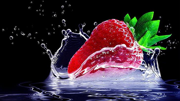 water, droplets, fruit, water drops, dark, strawberry, digital art, graphics, splash, drops, waterdrop, still life photography, HD wallpaper