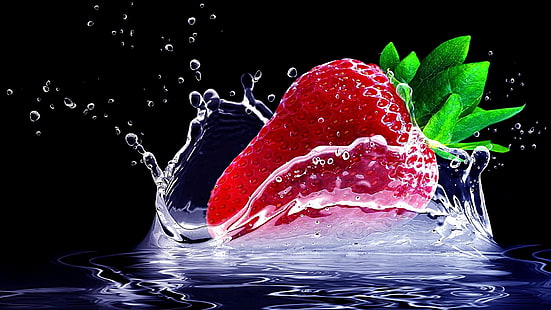 water, droplets, fruit, water drops, dark, strawberry, digital art, graphics, splash, drops, waterdrop, still life photography, HD wallpaper HD wallpaper