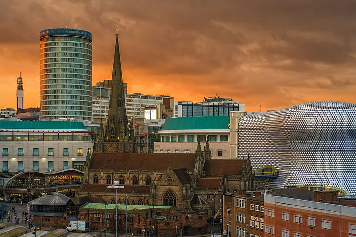 arsitektur, bangunan, kota, lanskap kota, awan, modern, Birmingham, Inggris, Inggris, gereja, matahari terbenam, Wallpaper HD