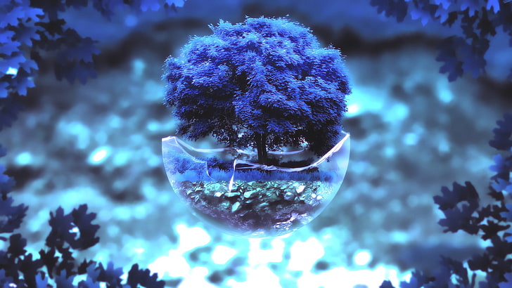 arbre à feuilles pourpres, arbres, bleu, art numérique, œuvres d'art, profondeur de champ, Fond d'écran HD