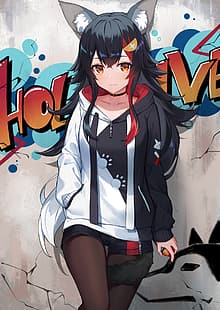 аниме, аниме момичета, Virtual Youtuber, Hololive, Ookami Mio, вертикално, Isaya, графити, опашка, животински уши, HD тапет HD wallpaper