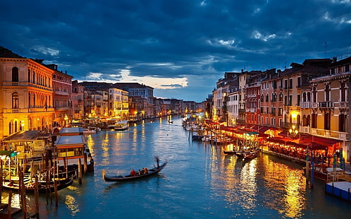 Большой канал, Венеция, Венеция, городской пейзаж, гондолы, огни, канал, здания, облака, HD обои HD wallpaper