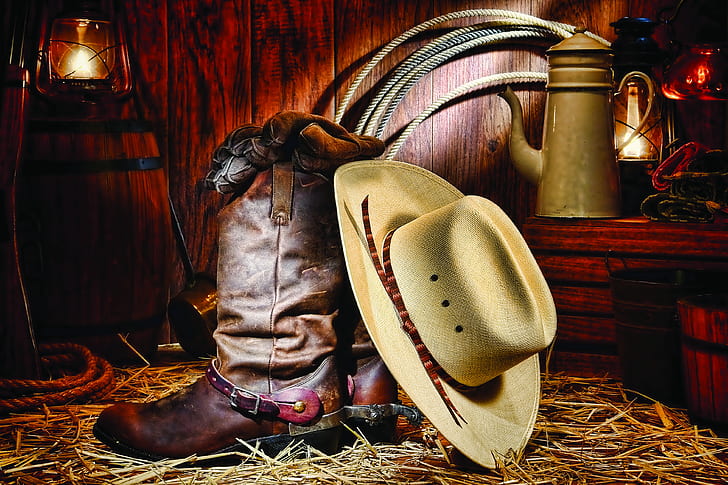 hat, cowboy, boots, stable, HD wallpaper