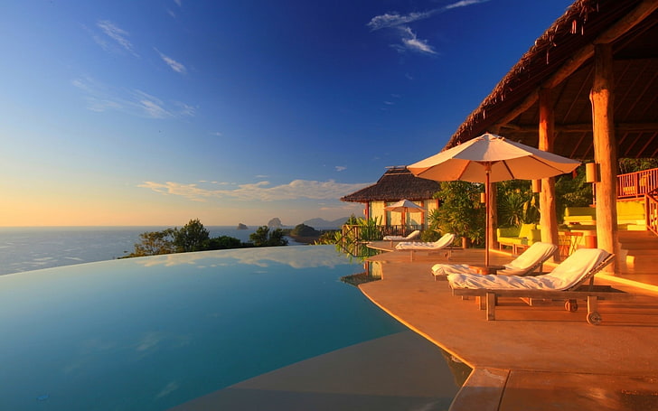 kolam renang, rumah-rumah mewah, payung pantai, tropis, laut, Wallpaper HD