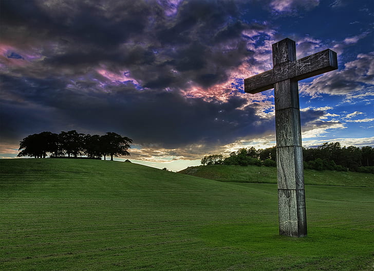 stock photography of gray wooden cross on grass field under cloudy sky, Granite, Cross, stock photography, grass, field, cloudy, sky, skogskyrkogården, stockholm, hdr, photomatix, topaz, world  heritage, canon, 5d, mark2, mark, woodland  cemetery, Elm  Hill, purple, sweden, sverige, kors, religious, landscape, christianity, religion, crucifix, spirituality, jesus Christ, catholicism, church, cemetery, easter, HD wallpaper