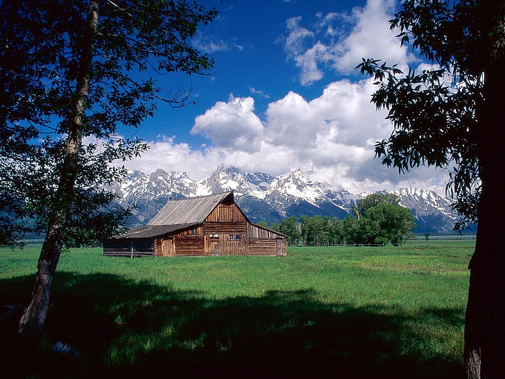 paesaggio, fienile, Grand Teton National Park, montagne, montagna innevata, Sfondo HD