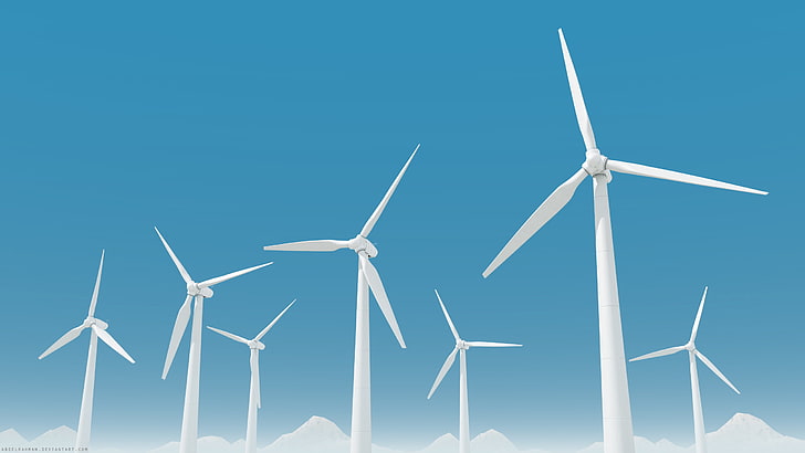 Rete elettrica, energia rinnovabile, turbine eoliche, Sfondo HD