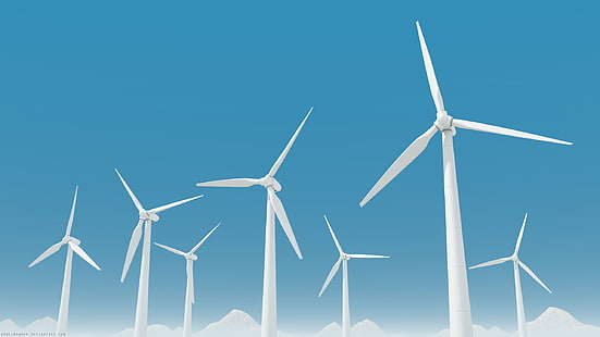 siete turbinas de viento blancas de pie, turbinas eólicas, energía renovable, red eléctrica, HD, Fondo de pantalla HD HD wallpaper