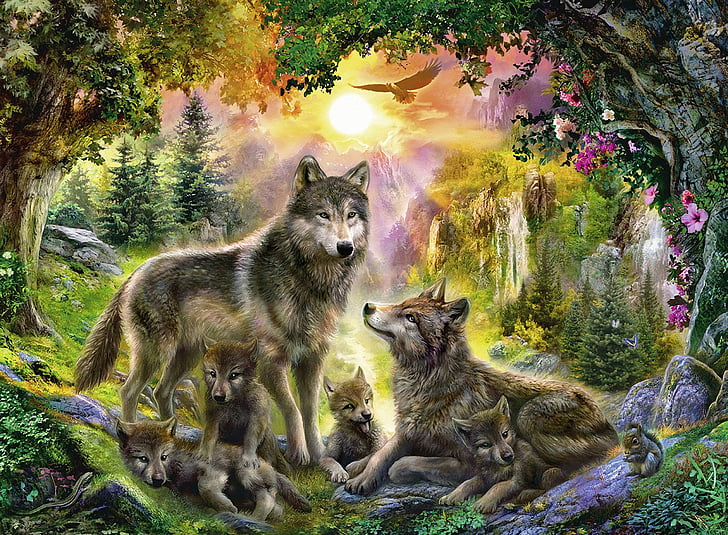 Artistic, Painting, Baby Animal, Cub, Flower, Tree, Waterfall, Wildlife, Wolf, predator (Animal), HD wallpaper