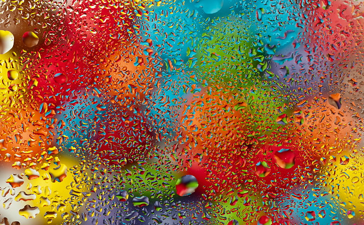 water dew, glass, water, drops, balls, colorful, rainbow, rain, HD wallpaper
