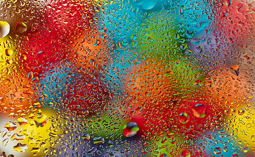water dew, glass, water, drops, balls, colorful, rainbow, rain, HD wallpaper HD wallpaper
