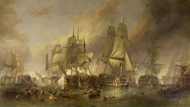 pintura de velero, barco, pintura, mar, obra de arte, batalla de Trafalgar, Fondo de pantalla HD