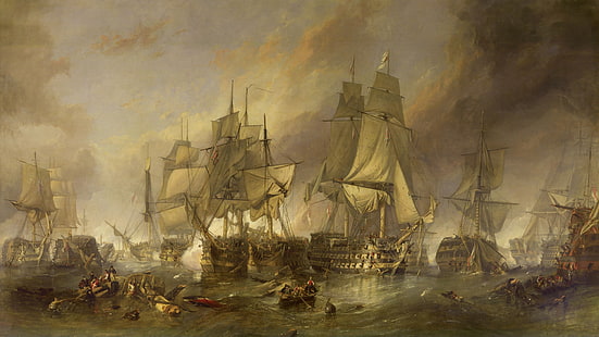 pintura de velero, barco, pintura, mar, obra de arte, batalla de Trafalgar, Fondo de pantalla HD HD wallpaper