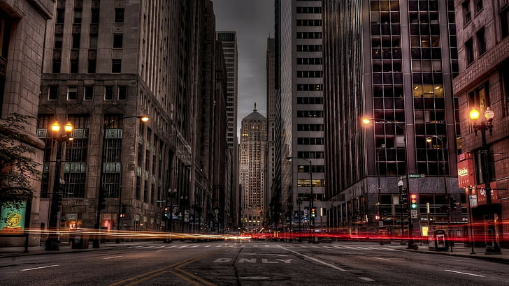 stadsbild, ljus, lång exponering, byggnad, skyskrapa, ljus spår, Chicago, HD tapet