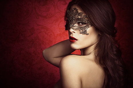 女性の黒い仮面舞踏会マスク、外観、女の子、顔、背景、髪、口紅、マスク、肩、赤い唇、 HDデスクトップの壁紙 HD wallpaper