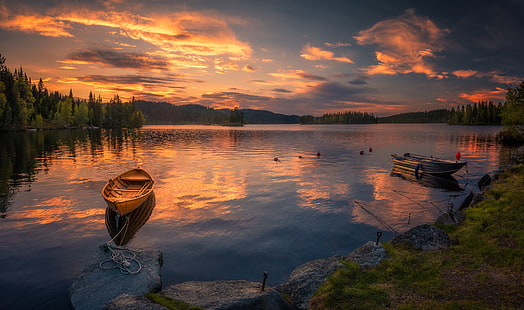 небо, закат, озеро, лодки, Норвегия, Рингерике, Оле Хенрик Скьельстад, HD обои HD wallpaper