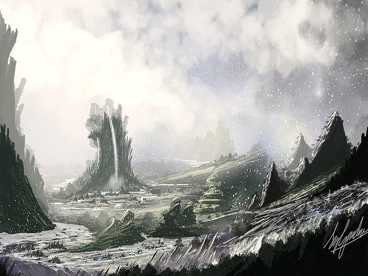 mountains and trees painting, fantasy art, artwork, snow, winter, frost, landscape, HD wallpaper