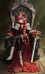 personaggio femminile anime seduto su una sedia, carta da parati anime, serie Fate, Fate / Apocrypha, Rider of Black, Astolfo (Fate / Apocrypha), capelli rosa, Sfondo HD HD wallpaper