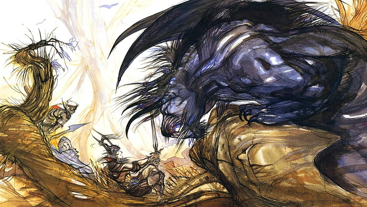 ภาพวาดนามธรรมสีเหลืองและสีม่วง, ภาพวาด, Final Fantasy, Yoshitaka Amano, Behemoth, วอลล์เปเปอร์ HD