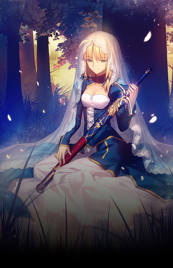 шатенка женщина аниме персонаж обои, серия судьба, женщины с мечами, сабля, платье, меч, блондинка, HD обои, телефон обои