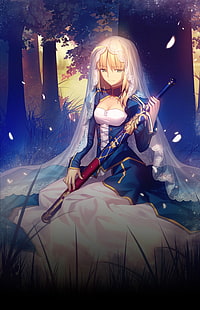 кафявокоса жена аниме тапет характер, серия Fate, жени с мечове, сабя, рокля, меч, блондинка, HD тапет HD wallpaper
