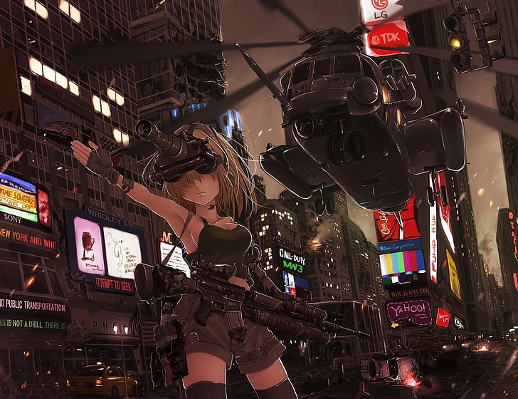 artwork, anime girls, helicopters, night vision goggles, rifles, traffic lights, LG, YAHOO, Sony, Coca-Cola, ruins, taxi, Call of Duty, blonde, thigh-highs, shorts, headsets, Panasonic, tank, original characters, HD wallpaper