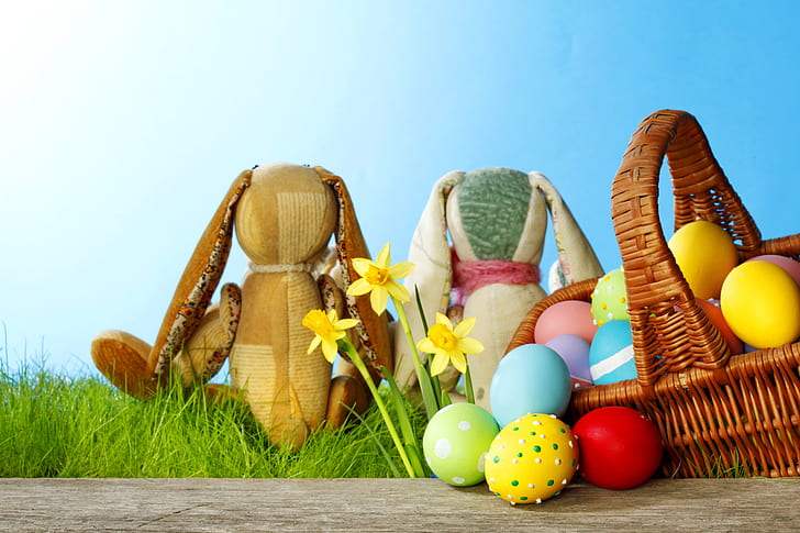 grass, flowers, eggs, spring, rabbit, meadow, Easter, sunshine, daffodils, bunny, HD wallpaper
