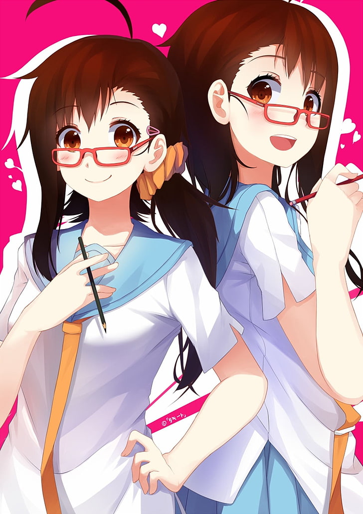 deux personnages féminins d'anime aux cheveux bruns, Nisekoi, Onodera Kosaki, Onodera Haru, filles anime, lunettes, meganekko, uniforme scolaire, Fond d'écran HD, fond d'écran de téléphone