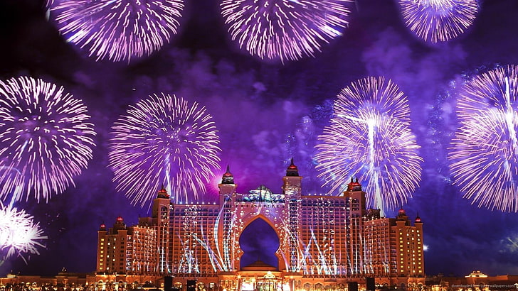 fireworks, dubai, purple, event, festival, tourist attraction, sky, new year, cityscape, city, public event, metropolis, united arab emirates, world, emirates, asia, HD wallpaper