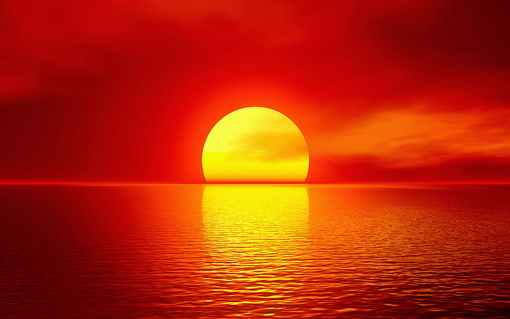 Erstaunlicher Sommersonnenuntergang, Meer, Rot, Himmel, Sonne, Landschaft, Ansicht, Foto, Hintergrund, HD-Hintergrundbild