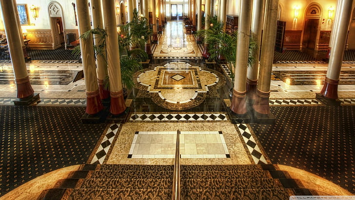 Lobby In The Driskill Hotel In Austin Texas, marble, lobby, hotel, stairs, lights, nature and landscapes, HD wallpaper