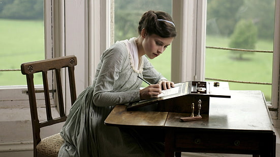 Felicity Jones, aktorka, kobiety, zielone oczy, opactwo Northanger, krzesło, Tapety HD HD wallpaper