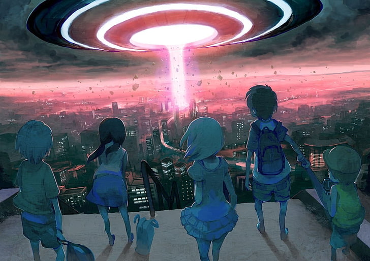 cinque bambini in piedi sul tetto guardando su carta da parati laser rossa, manga, Sfondo HD
