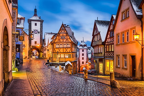 inverno, neve, sera, Germania, luci, città medievale, Rothenburg, Sfondo HD HD wallpaper