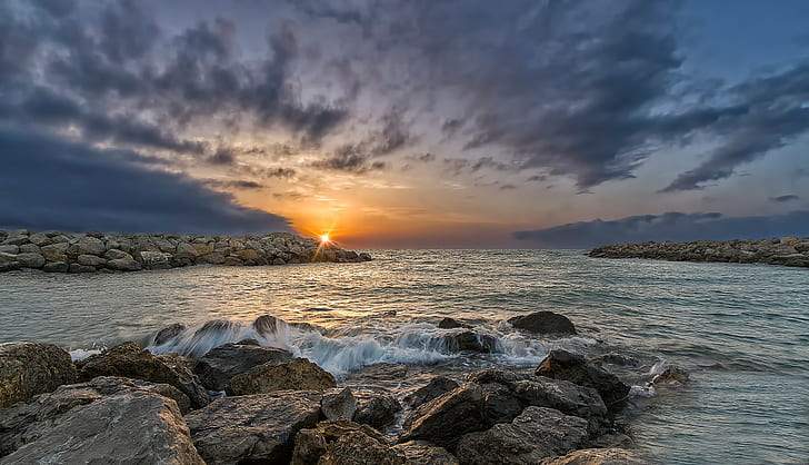 Gruissan, sunrise, Gruissan, sunrise, rocks, Sea, France, HD wallpaper