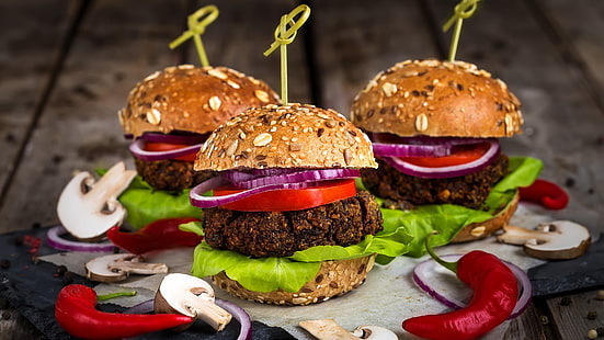 hamburger, burger vegetarian, makanan, sandwich, makanan cepat saji, makanan ringan, Wallpaper HD HD wallpaper