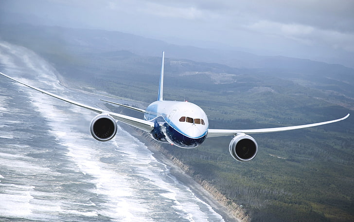 biały samolot, morze, samolot, ziemia, Boeing, 737, w powietrzu, leci, samolot, Tapety HD