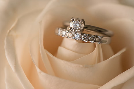 kvinnors silverfärgade ring med klara ädelstenar, blomma, ros, ring, bröllop, HD tapet HD wallpaper
