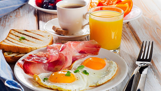 ветчина, завтрак, поздний завтрак, полный завтрак, блюдо, жареное яйцо, тост, еда, бекон, яйцо, сок, кофе, HD обои HD wallpaper