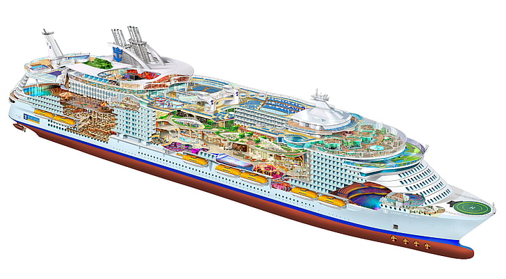 белый, синий и зеленый поезд стол, корабль, круизное судно, схема, прозрачность, белый фон, рисунок, оазис морей, иллюстрация, HD обои