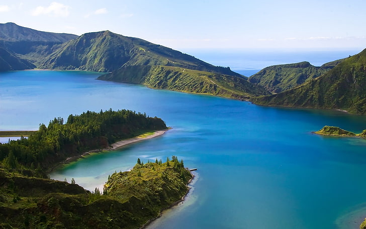 аэрофотосъемка озера под голубым небом, озеро, природа, пейзаж, HD обои