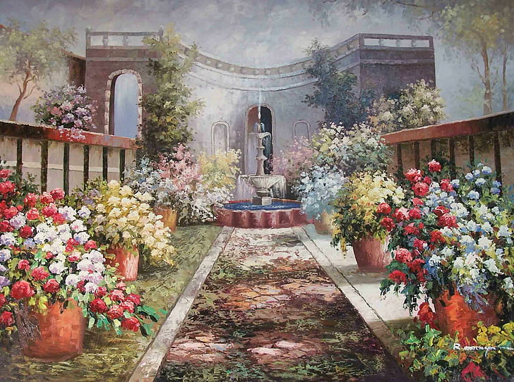 El jardín secreto, edificio, ruinas, sereno, flores, plantas, fuente, jardines, viñas, macetas, 3d y abstracto, Fondo de pantalla HD