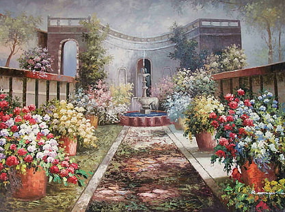 Секретный сад, здания, руины, безмятежность, цветы, растения, фонтан, сады, виноградные лозы, горшки, 3d и абстрактные, HD обои HD wallpaper