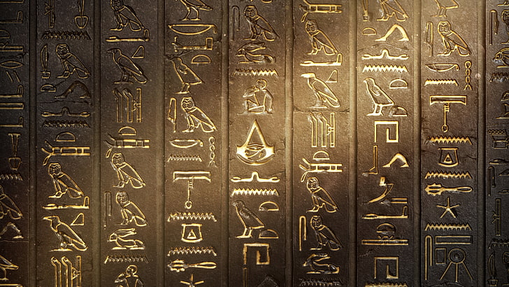 Egyptian engraved art, video games, Assassin's Creed, wall, hieroglyphs, engraving, symbols, Assassin's Creed: Origins, HD wallpaper