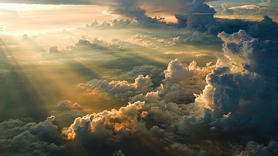 белые облака, природа, небо, облака, солнечные лучи, вид сверху, HD обои HD wallpaper