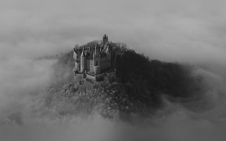 castle, sky, cloud, dream, fantasy, art, nature, dark, bw, HD wallpaper