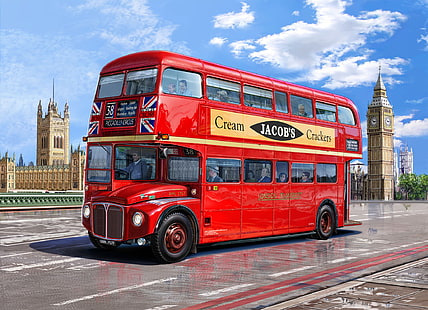 röd London buss, röd, figur, Big Ben, buss, Palace of Westminster, Westminster Palace, Michal Reinis, AEC Routemaster, London Bus, London, två våningar, HD tapet HD wallpaper