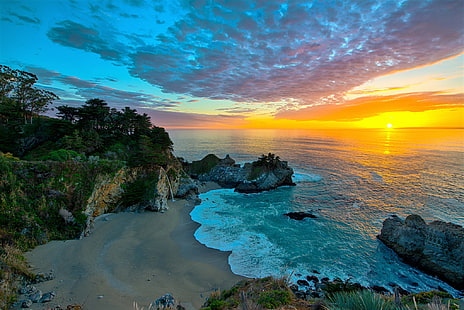 Terra, Big Sur, Califórnia, Horizonte, McWay Falls, Oceano, Rocha, Mar, Pôr do sol, HD papel de parede HD wallpaper
