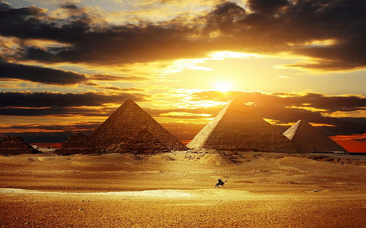 пирамида, залез, слънчева светлина, пустиня, Египет, HD тапет